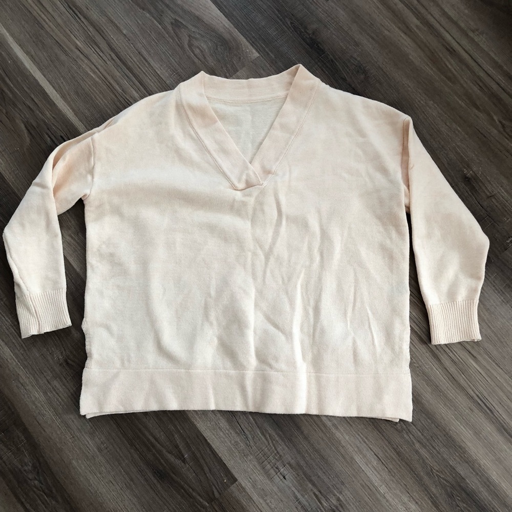 Women’s SHEIN Cream V-neck knit Drop Shoulder Sweater Sz Large Boxy Stretchy